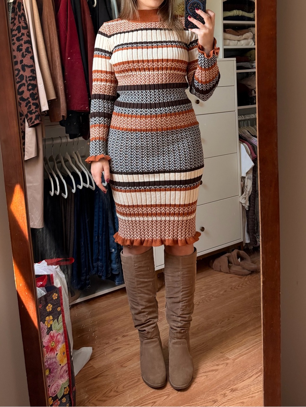 Striped Ribbed Knit Midi Dress in Rust, Cream, Brown, & Black